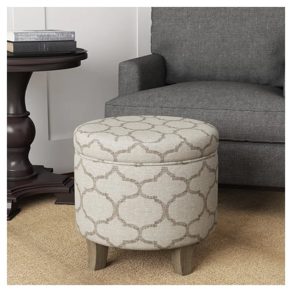 HomePop Cole Classics Round Storage Ottoman, Gray/Brown
