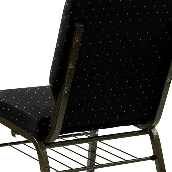 Hercules Series 18.5&&W Church Chair with Book Rack Black Dot Patterned Fabric/Gold Vein Frame