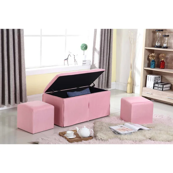 Ore International Microfiber Storage Bench with 2 Matching Ottomans, Pink