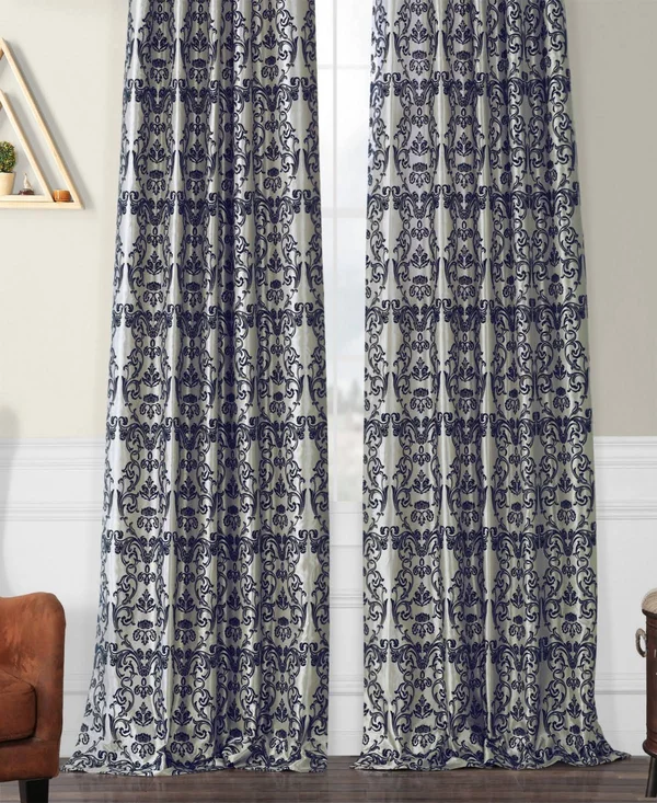 Exclusive Fabrics Firenze Silver & Blue Flocked Faux Silk Curtain - 84 Inches