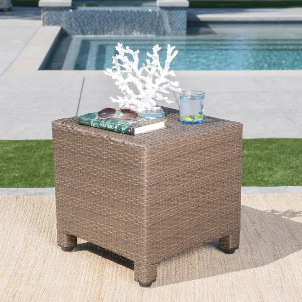 Noble House Maverick Light Brown Square Wicker Outdoor Side Table
