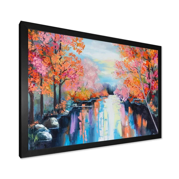 Designart 'Orange Autumn Forest by The River' Lake House Framed Art Print - 32 in. Wide x 16 in. High - White