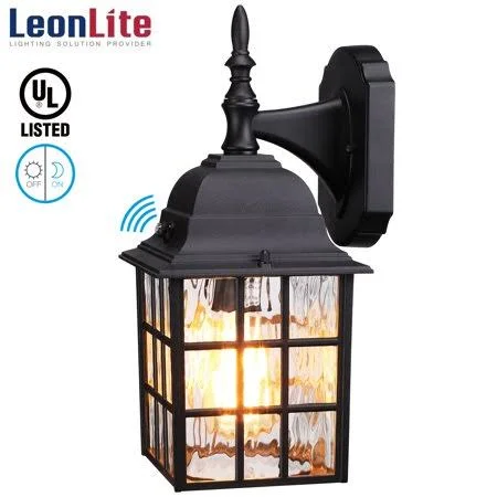 Leonlite Outdoor Dusk to Dawn Wall Lantern - Photocell Included, UL Listed, Water Ripple Glass Exterior Wall Sconce, E26 Base Bul