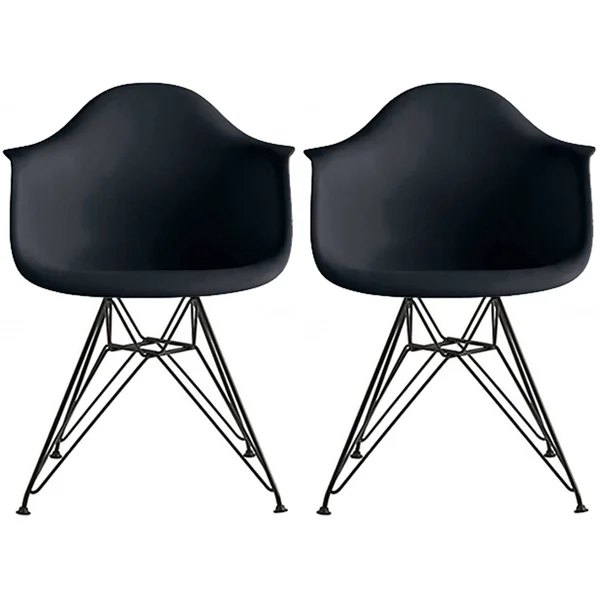 2xhome Set of 2 Color Modern Arm Chairs for Dining Room Kitchen Solid Molded Plastic Seat Dark Black Wire Eiffel Legs Dsw