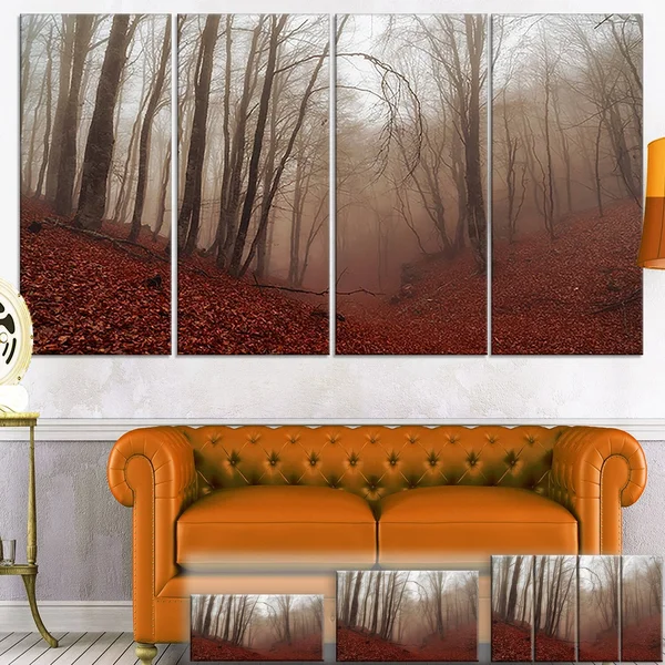 Design Art PT9809-40-30 Red Leaves in Foggy Fall Forest Landscape Photo Canvas Print, Red, 40x30x22