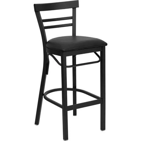 Flash Furniture Hercules Series Black Two-Slat Ladder Back Metal Restaurant Barstool-Black Vinyl SEAT, Size: 17