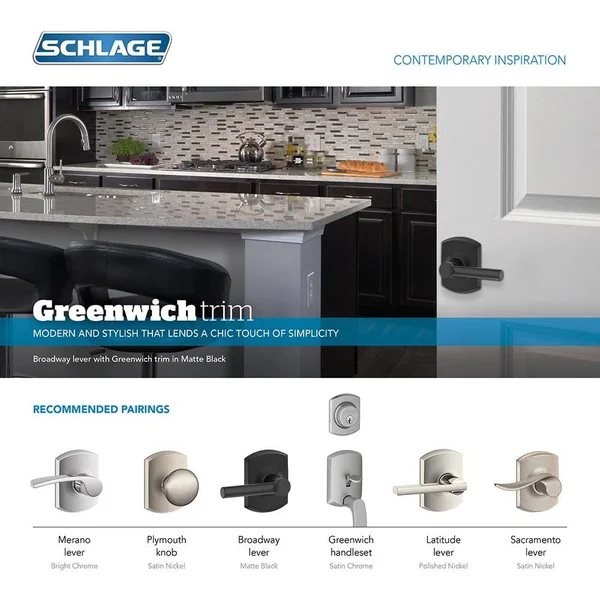 Schlage F51-BRW-GRW Broadway Single Cylinder Keyed Entry Door Lever Set with Dec Satin Nickel