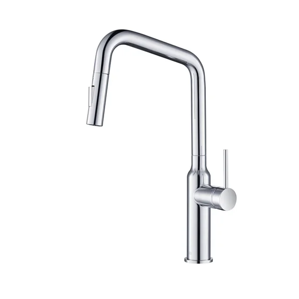 KIBI Lead Free Solid Brass High Arc Pull Out Single Level Kitchen Faucet Chrome