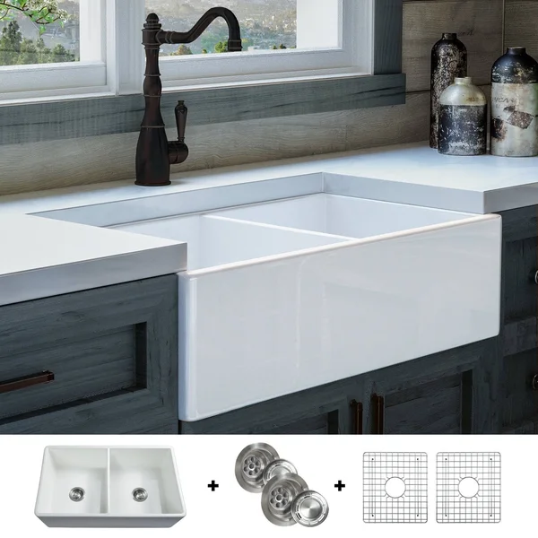 Fossil Blu Luxury 33 in. Ultra Fine Fireclay Modern Farmhouse Kitchen Sink in White, Double Bowl with Flat Front, Includes Drain