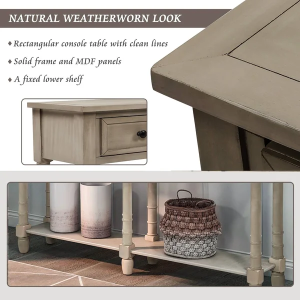 Grey Wash Entryway Console Table with 2 Drawers and Bottom Shelf - Wood