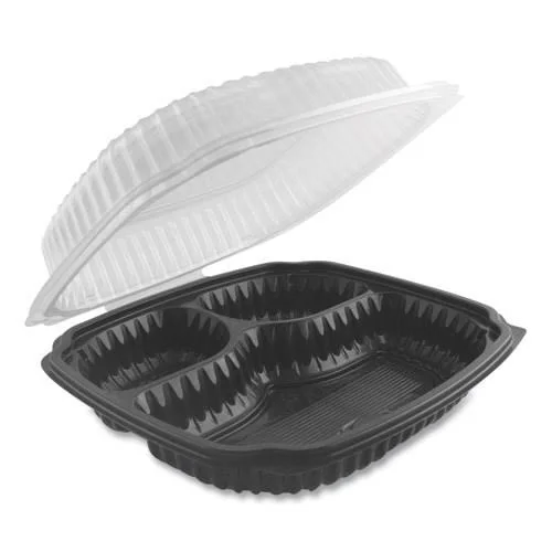 Anchor Packaging 4699931 Culinary Lites Microwavable 3-Compartment Container - 20 oz/5 oz/ 5 oz, 9 x 9 x 3.01, Clear/Black, 100/C