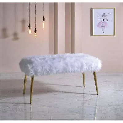 Bench in White Faux Fur & Gold Mercer41