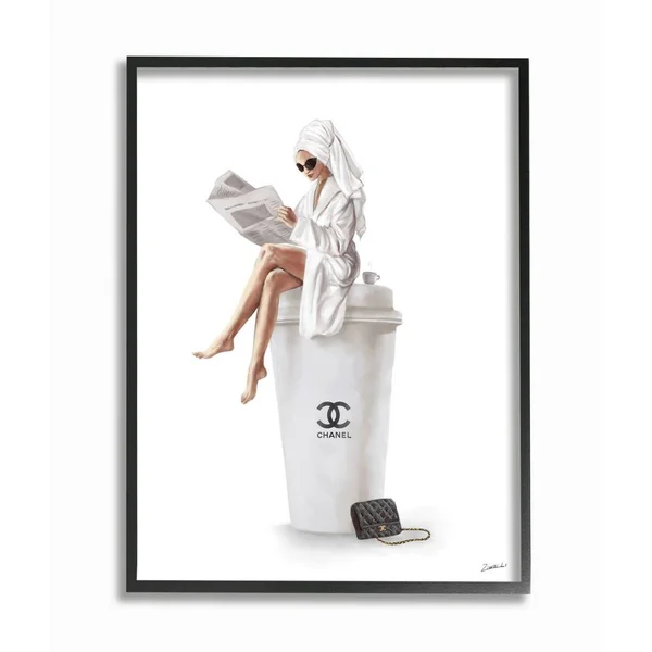 Stupell Industries Chic Fashion Coffee and Purse Female Robe Pose Framed Wall Art Design by Ziwei Li - 24 inch x 30 inch, Black F