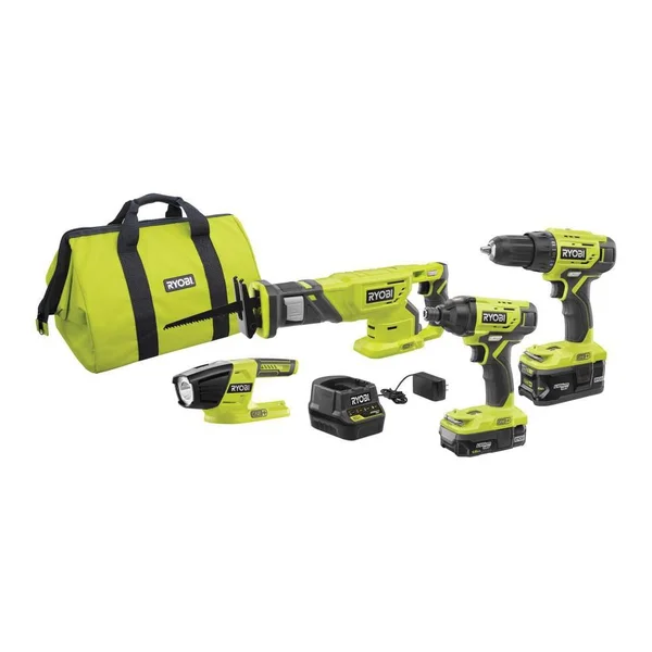 Ryobi P1818 18-Volt One+ Lithium-Ion Cordless 4-Tool Combo Kit with (2) Batteries 18-Volt Charger and Bag