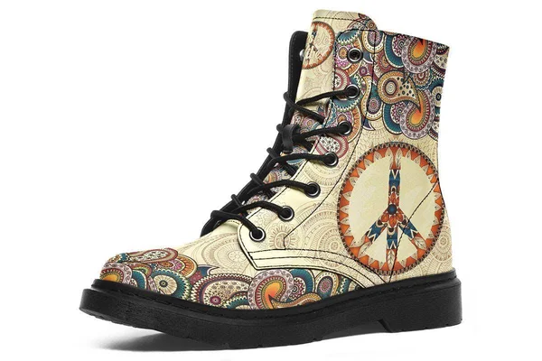 Tan Peace Mandala Boots - Peace Sign Boots, YesWeVibe Women's Boots, Black Sole, US 9, EU40.5