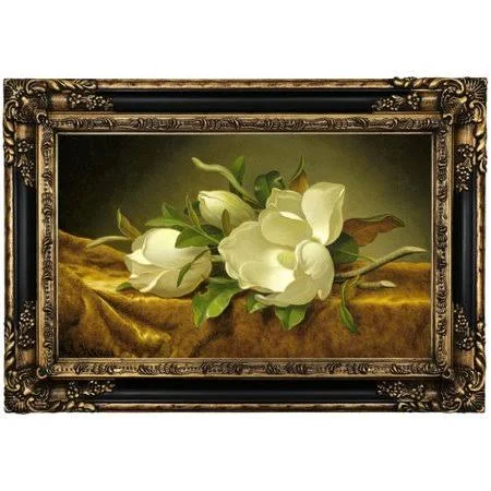 Historic Art Gallery Magnolias on Gold Velvet Cloth Framed Print on Canvas Format: Black/Gold Framed, Size: 17.25x22 H x 25.25x2