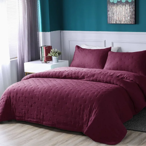 Kasentex Nostalgic Dot Stitch Stone Washed Designer Quilt Set with Pillow Shams Twin - Red