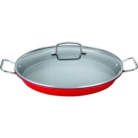 15 inch Non-Stick Paella Pan with Cover in Metallic Red