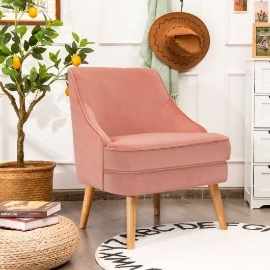 Velvet Upholstered Accent Chair with Rubber Wood Legs-Pink - Costway