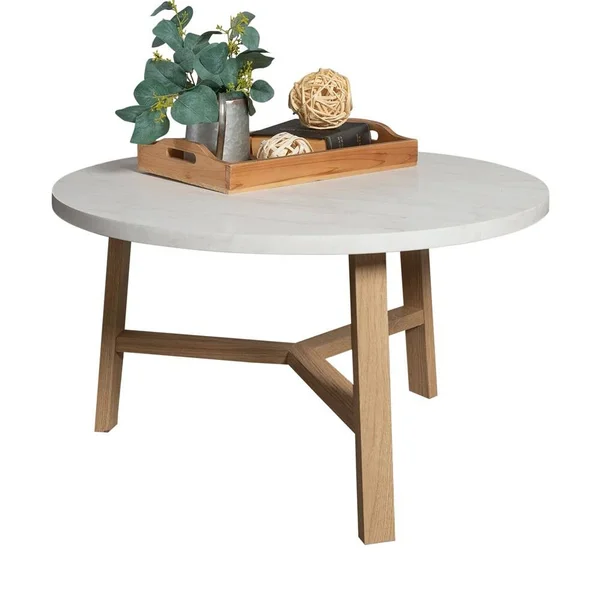 Walker Edison 30x22 Round Coffee Table - White Marble and Light Oak