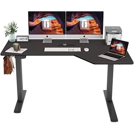 FEZIBO L-Shaped Electric Standing Desk, 55 inch Height Adjustable Stand Up Table, Sit Stand Desk with Splice Board, Black Frame