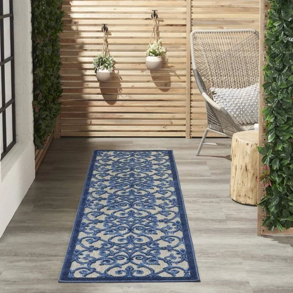 2 x 10 Gray and Blue Indoor Outdoor Runner Rug