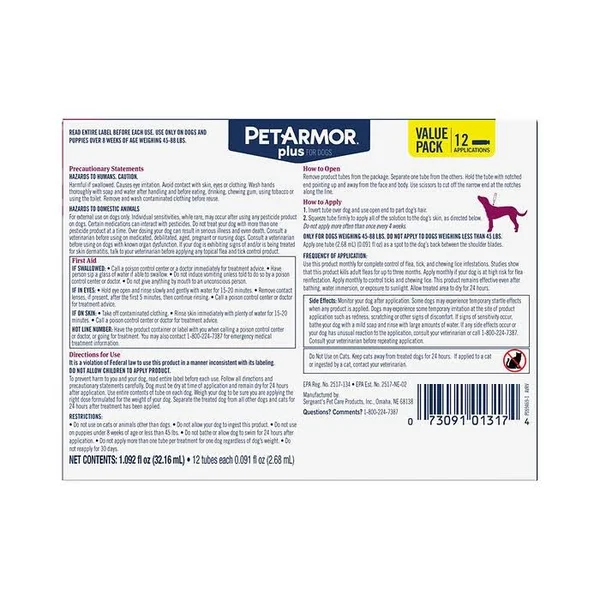 PetArmor Plus for Dogs Flea, Tick & Lice Formula 45-88 lbs, 12 Applications