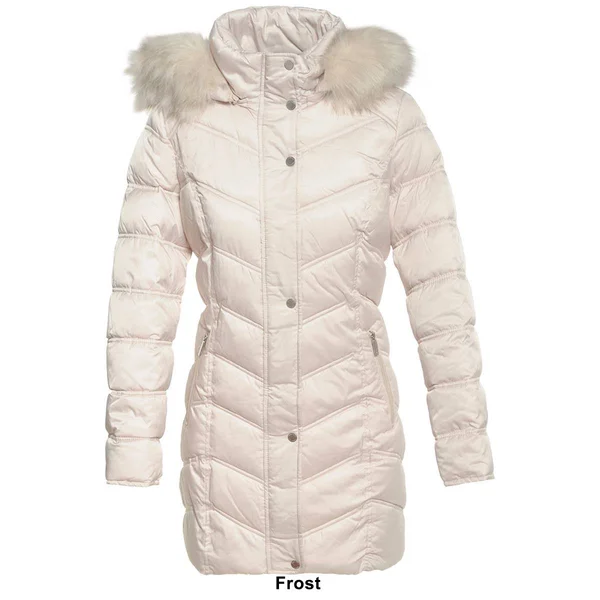 Kenneth Cole Chevron Quilted Coat with Faux Fur Hood Black