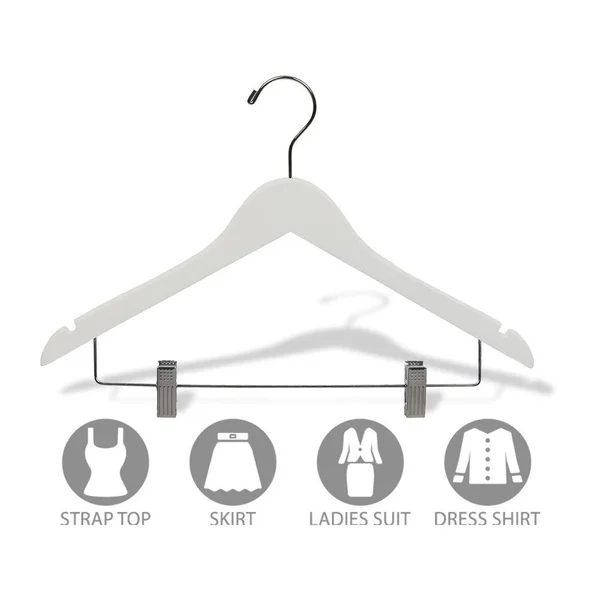 White Wooden Combo Hanger with Adjustable Cushion Clips (Case of 25)