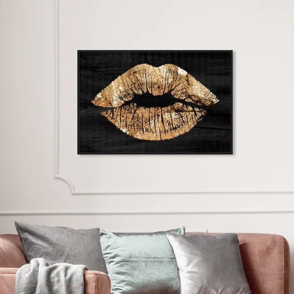 Oliver Gal Fashion and Glam Wall Art Framed Canvas Prints &Solid Kiss Night& Lips - Gold, Black - 54 x 36