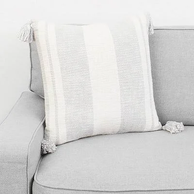 Gray Farmhouse Stripe with Tassels Pillow