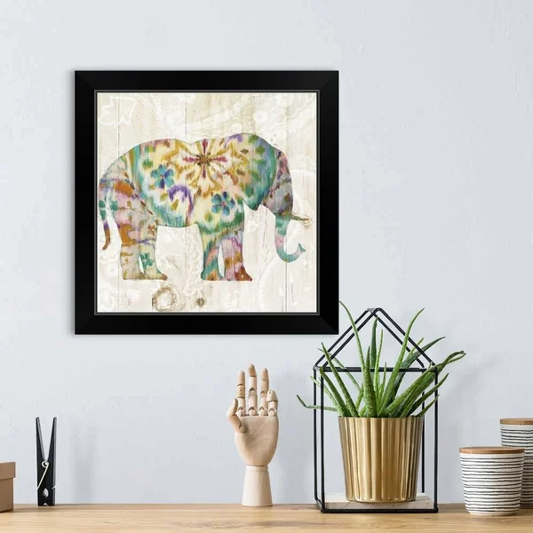 Boho Paisley Elephant I, Black Framed Wall Art, 16x16, Great Big Canvas