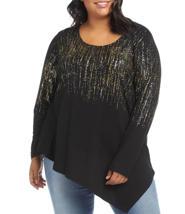 Karen Kane Plus Women's Printed Asymmetric Hem Top - Black - Size 2x