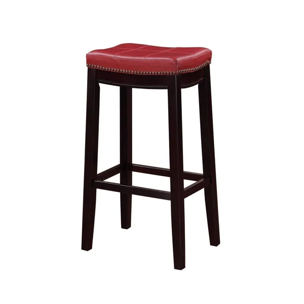 Benzara Wooden Bar Stool with Faux Leather Upholstery - Red and Brown - Red and Brown - 32 H x 18.8 W x 13 L Inches