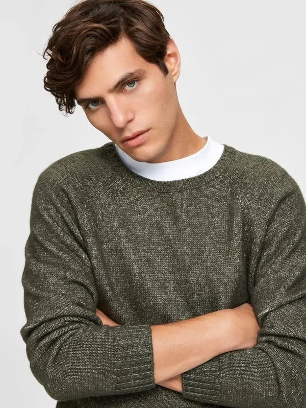 Selected Homme - Plain Crew Neck Knitted Jumper - Male - XL - Green - Acrylic/Cotton/Wool