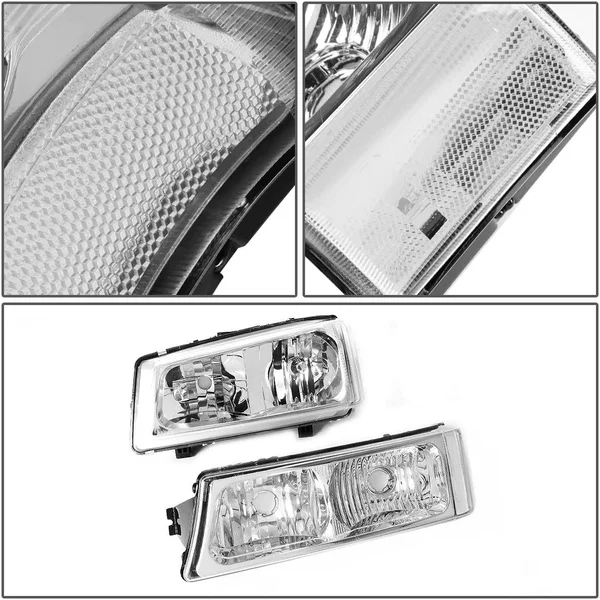 DNA Motoring for 03-06 Chevy Silverado/Avalanche 4pcs Headlight+Bumper Lamp Chrome Housing Clear Corner 1 Gen 04 05 Left+Right