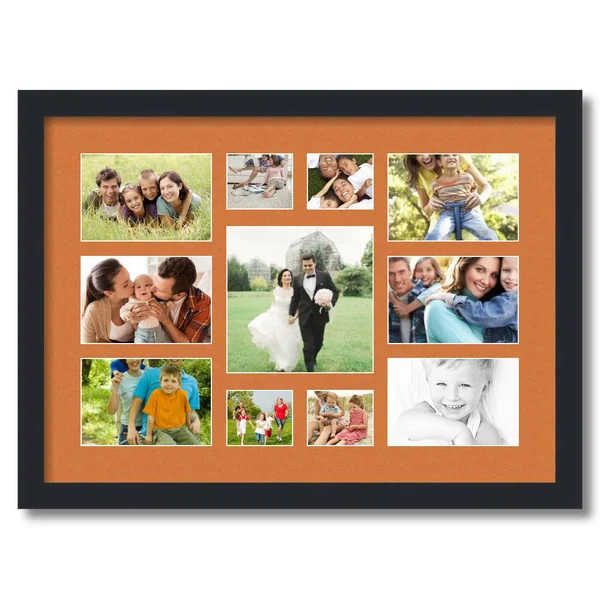 Collage Picture Frame, Satin Black Frame with 11 openings for 4x6 Photos with Orange Octoberfest Mat. D3926DP566, ArtToFrames