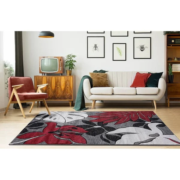 Glamour Floral Collection Polypropylene Area Rug - 8& Round - Grey/Multi