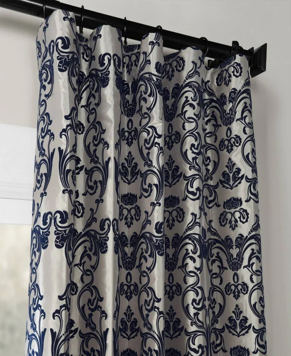 Exclusive Fabrics Firenze Silver & Blue Flocked Faux Silk Curtain - 84 Inches