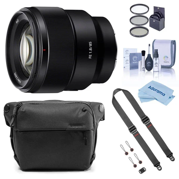 Sony Fe 85mm F1.8 E-Mount Lens Bundle with Peak Design 6L Everyday Sling V2, Black, SlideLITE Strap, Filter Pack, Cleaning Kit