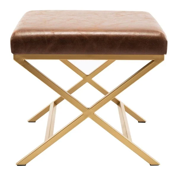 Kotter Home Faux Leather Square Ottoman (Light Brown w/ Gold Legs)