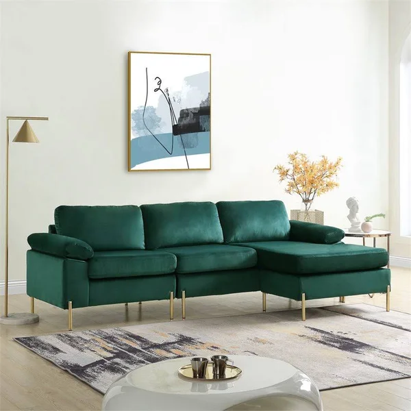 Devion Furniture Modern Velvet Sectional Sofa in Green/Gold Legs