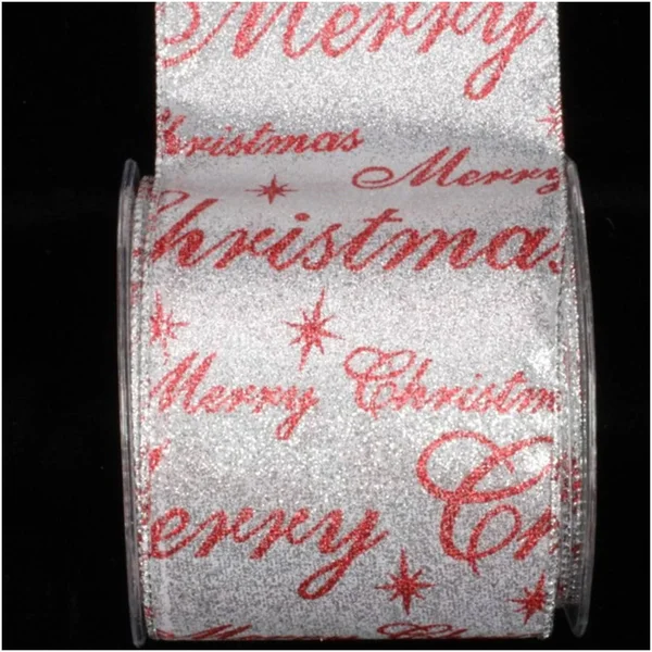 Silver and Red Merry Christmas Wired Craft Ribbon 4x22 x 20 Yards