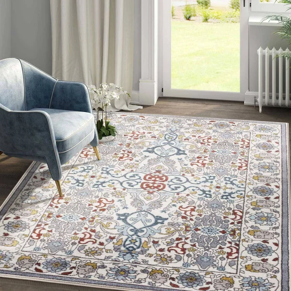 Bordered Floral Antique White/Grey Area Rug Outdoor/Indoor - 5'*7'