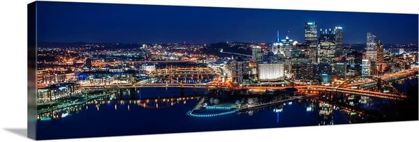 Panoramic Pittsburgh City Skyline at Night, Canvas Wall Art, 48x16, Great Big Canvas