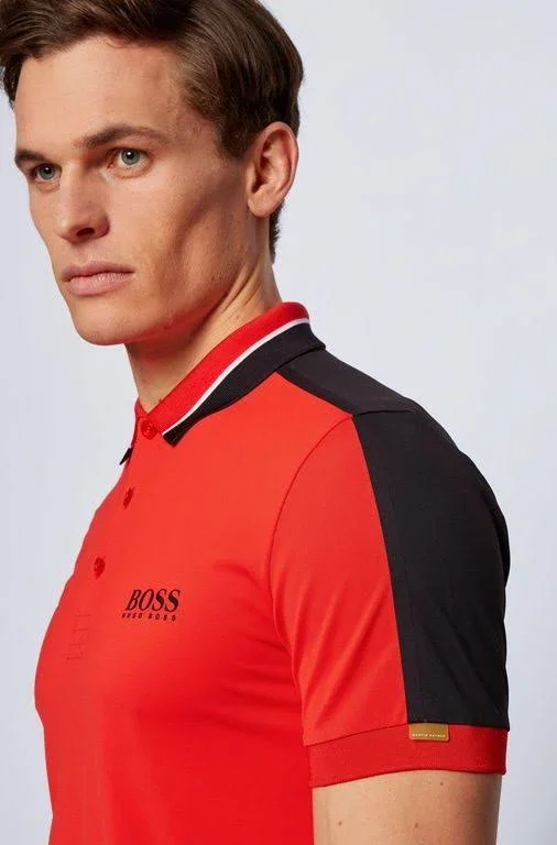 Hugo Boss - Stretch Piqu Slim Fit Polo Shirt with Striped Collar - Red