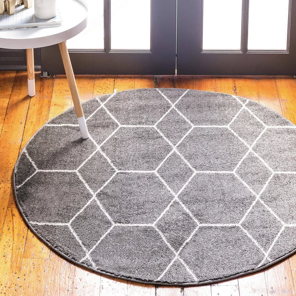 8& Round Geometric Trellis Frieze Rug Dark Gray/Ivory - Unique Loom