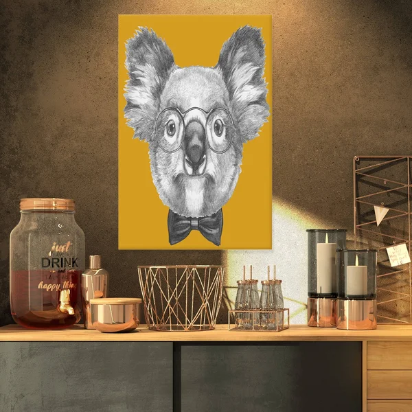 Design Art 'Koala with Glasses and Bow Tie' Graphic Art on Wrapped Canvas - White