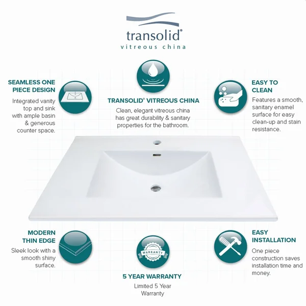 Transolid Tl-1708-01 Juliette 31-in Vitreous China Vanity Top with Integrated Sink, White