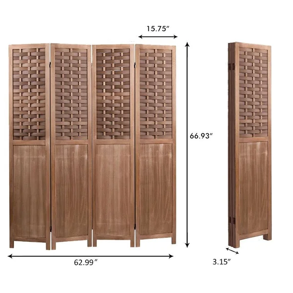 COZAYH 4-Panel 67x22 Half Shading Paulownia Solid Wood Frame Room Divider Privacy Screen - Light Brown